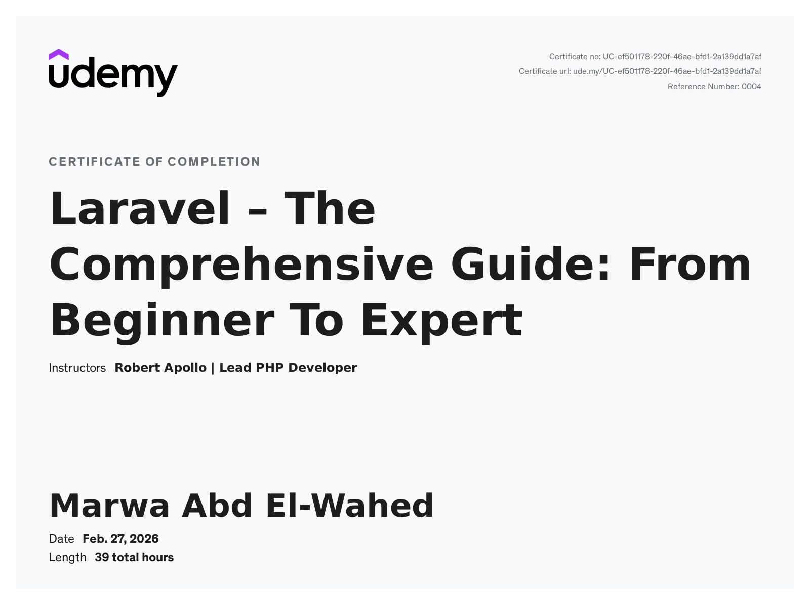Certificate: Laravel - The Comprehensive Guide: From Beginner To Expert