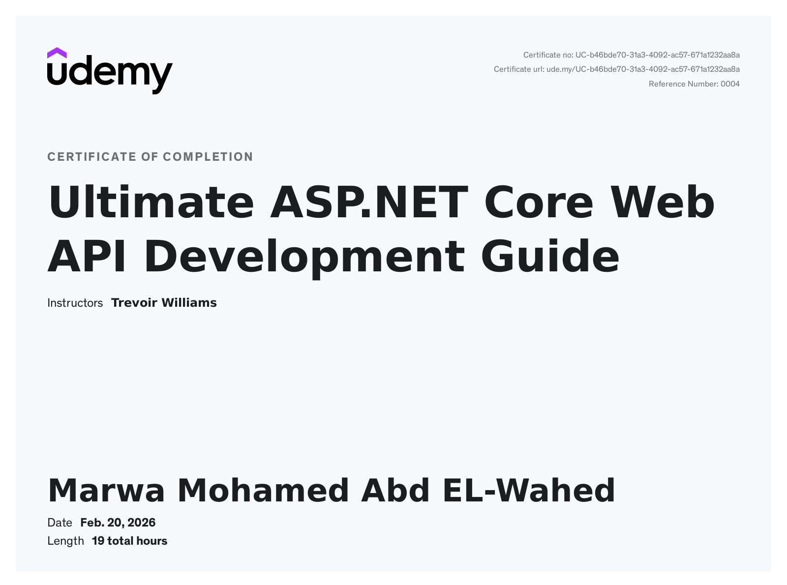 Certificate: Ultimate ASP.NET Core Web API Development Guide
