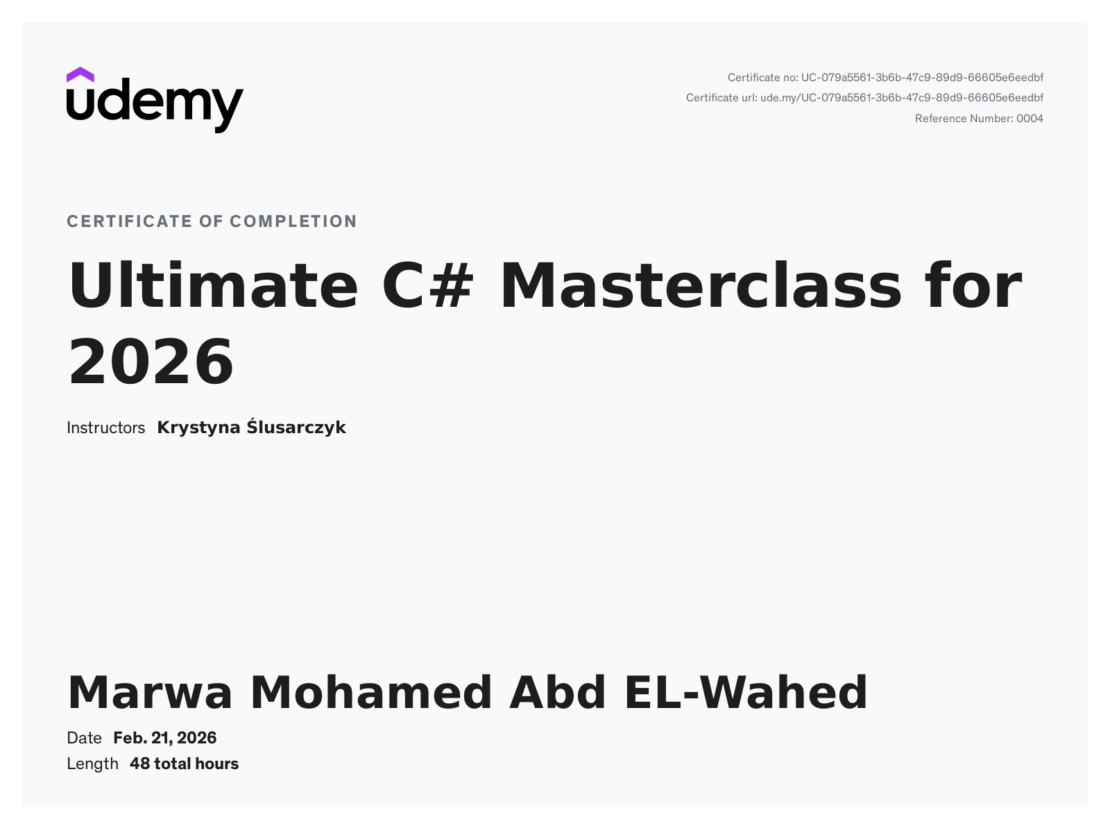 Certificate: Ultimate C# Masterclass for 2026